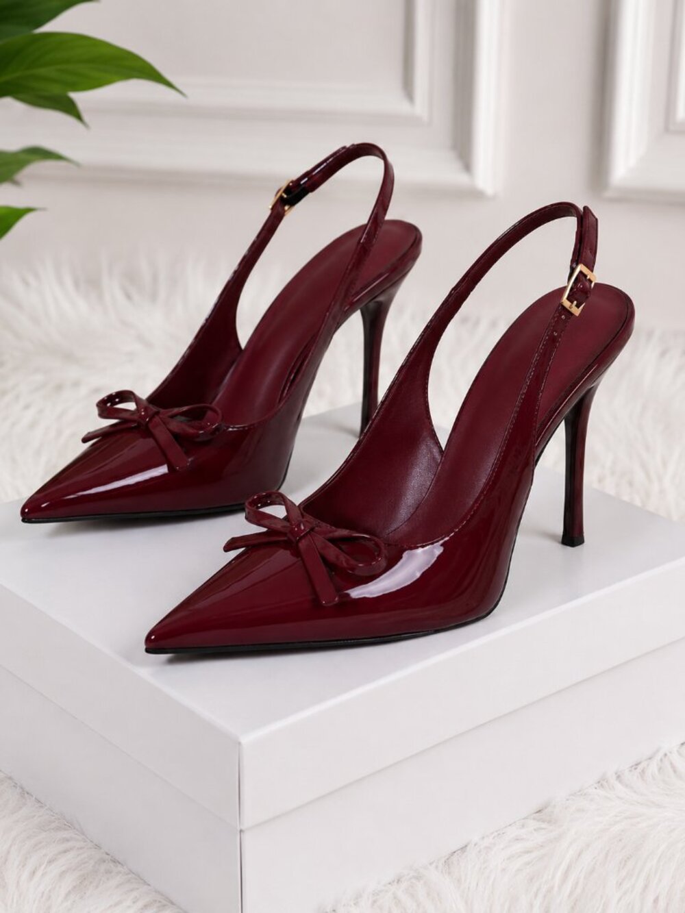 NWT Women's Burgundy Patent Leather Slingback Pointed Toe Stiletto Heels
